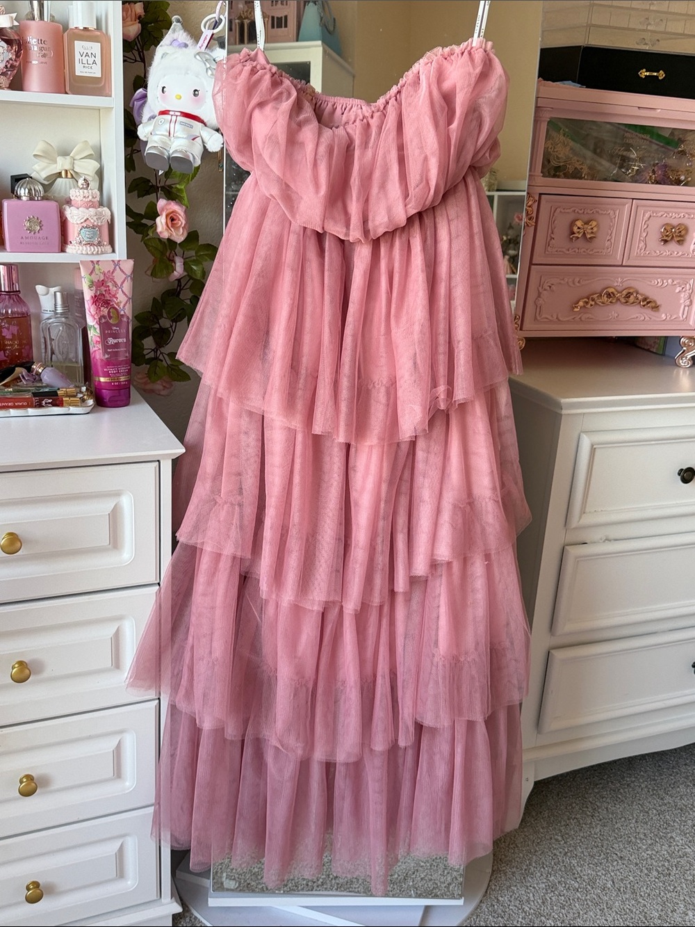 Luxedo Strappy Tiered Ruffle Pink Tulle Dress